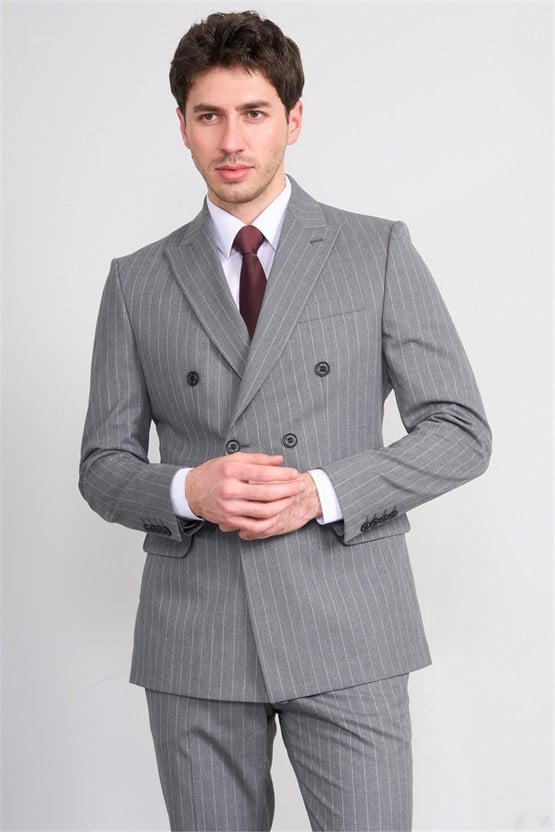 Mentality 9234 Erkek Kırlangıç Yaka Slim Fit Kruvaze Takım Elbise Gri