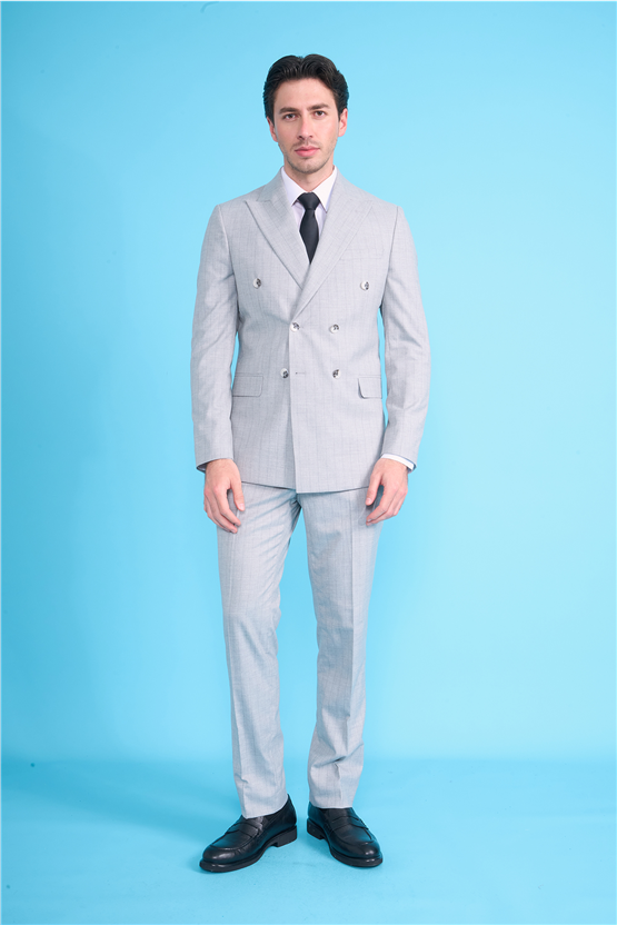 Mentality 9234 Erkek Kırlangıç Yaka Slim Fit Kruvaze Takım Elbise Açık Gri