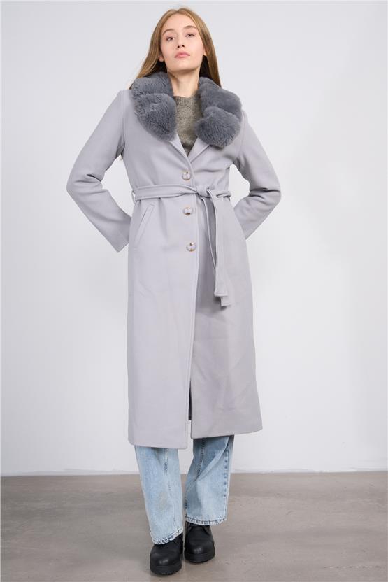 Mıss Rock K26 2161 Grı Kadın Ithal Kase Yaka Kurklı Kaban