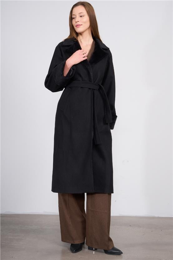 Mıss Rock K26 2181 Sıyah Kadın Ithal Kase Kol Ve Yaka Kumas Garnı Kaban