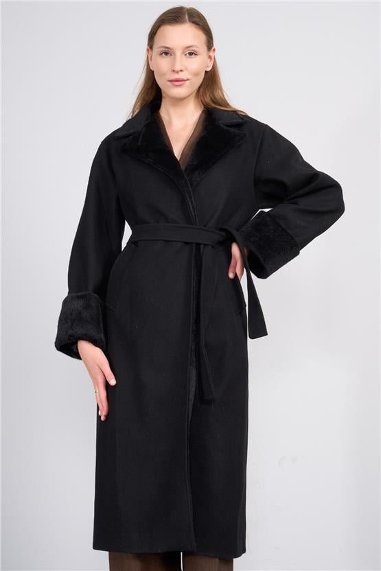 Mıss Rock K26 2181 Sıyah Kadın Ithal Kase Kol Ve Yaka Kumas Garnı Kaban