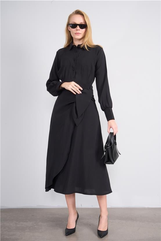Miya Mira Modest 6402 Kadın Uzun Kol Gömlek Yaka Modal Elbise Siyah