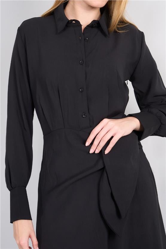 Miya Mira Modest 6402 Kadın Uzun Kol Gömlek Yaka Modal Elbise Siyah