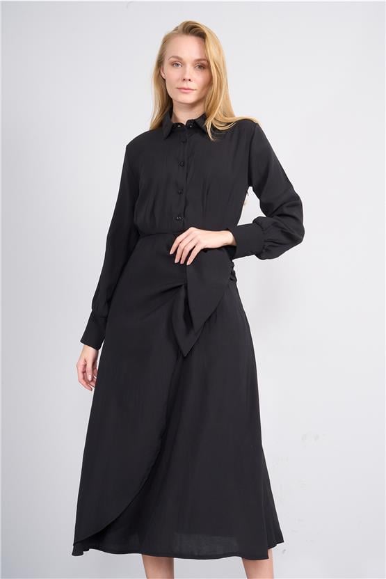 Miya Mira Modest 6402 Kadın Uzun Kol Gömlek Yaka Modal Elbise Siyah