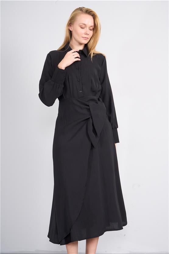 Miya Mira Modest 6402 Kadın Uzun Kol Gömlek Yaka Modal Elbise Siyah