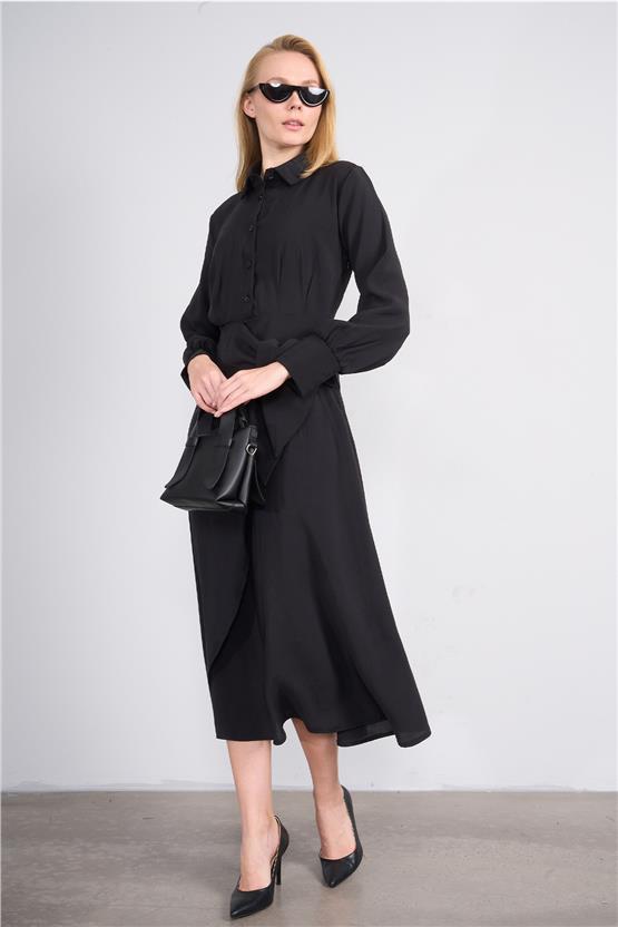 Miya Mira Modest 6402 Kadın Uzun Kol Gömlek Yaka Modal Elbise Siyah