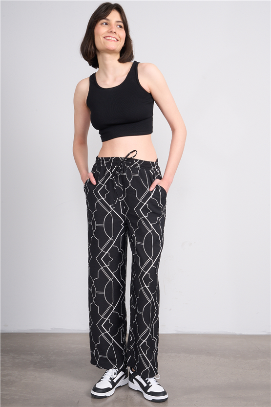 Miya Mira Modest 7080 Bayan Viskon Loose Fit Pantolon Siyah Geometrik Desen