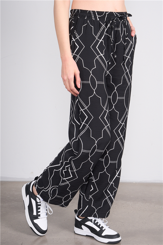 Miya Mira Modest 7080 Bayan Viskon Loose Fit Pantolon Siyah Geometrik Desen