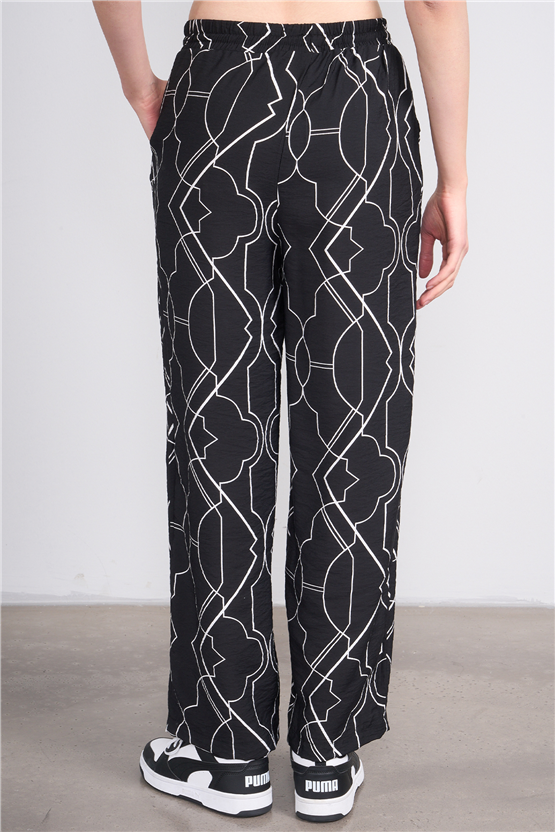 Miya Mira Modest 7080 Bayan Viskon Loose Fit Pantolon Siyah Geometrik Desen