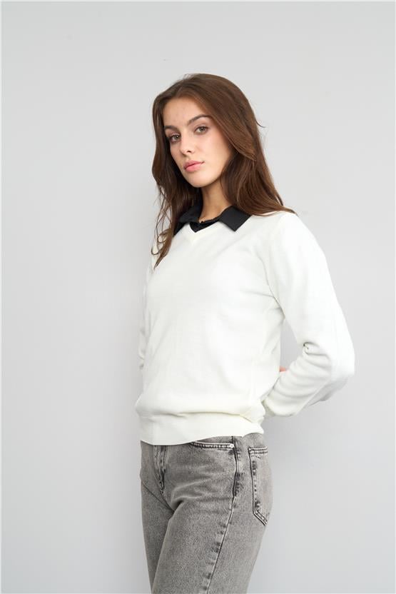 Miyamira Kadın V Yaka Ekru Kazak