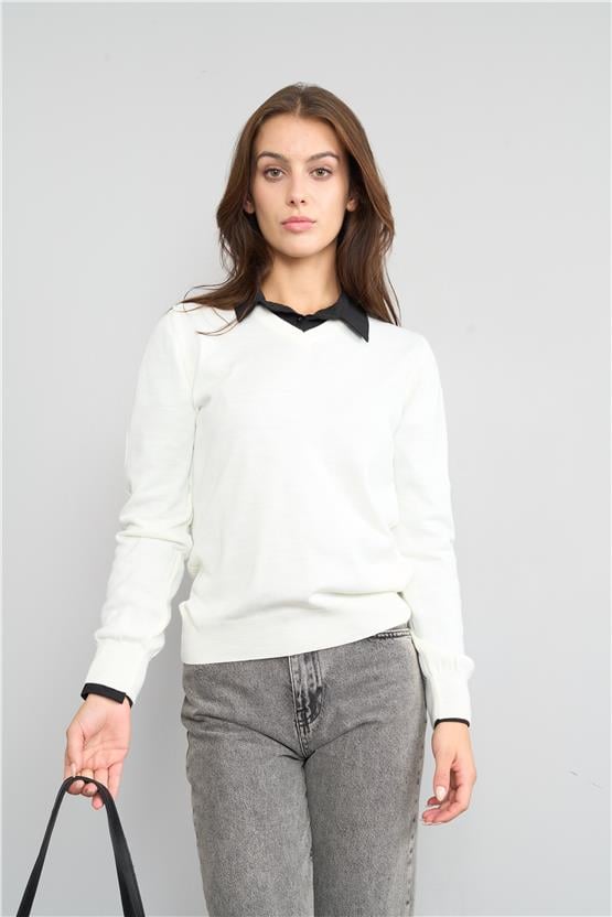 Miyamira Kadın V Yaka Ekru Kazak