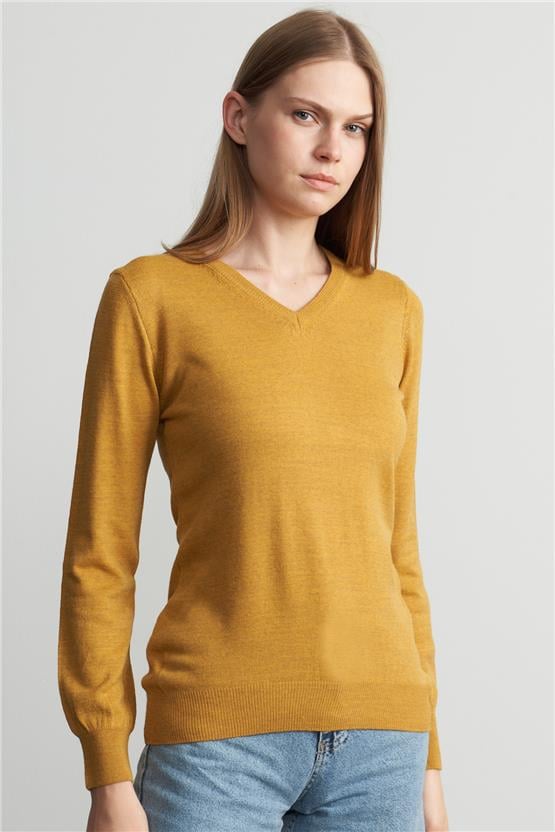 Miyamira Kadın V Yaka Hardal Kazak