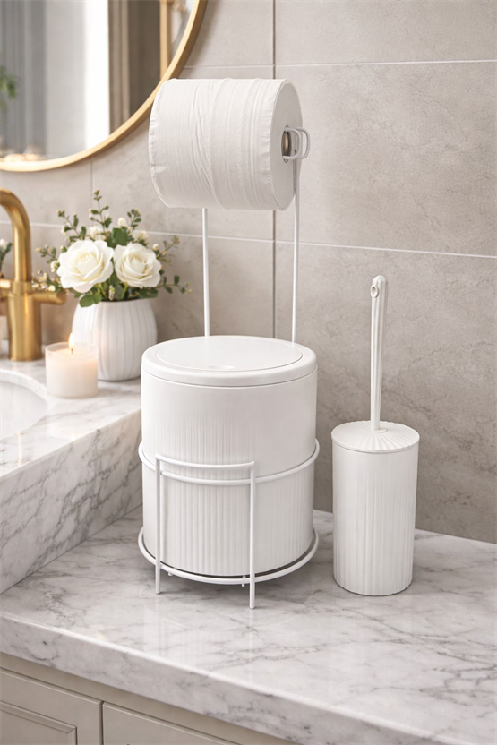 Modern Banyo Seti – Kapaklı Çöp Kovası, Tuvalet Kağıtlığı Ve WC Fırçası | Minimal Tasarım