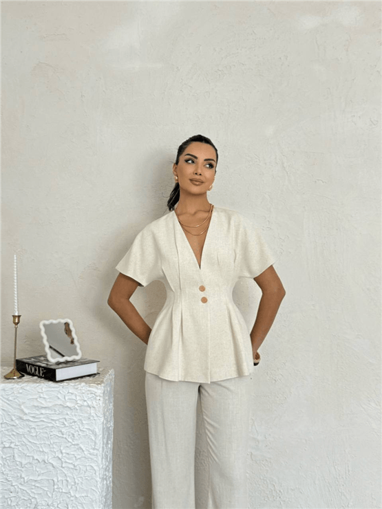Nesil Y26 Eu2123 Ekru Kadın Onu V Yaka Pantolonlu İkili Takım S-Xl