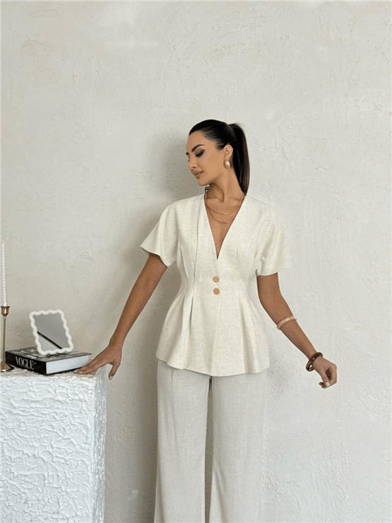 Nesil Y26 Eu2123 Ekru Kadın Onu V Yaka Pantolonlu İkili Takım S-Xl