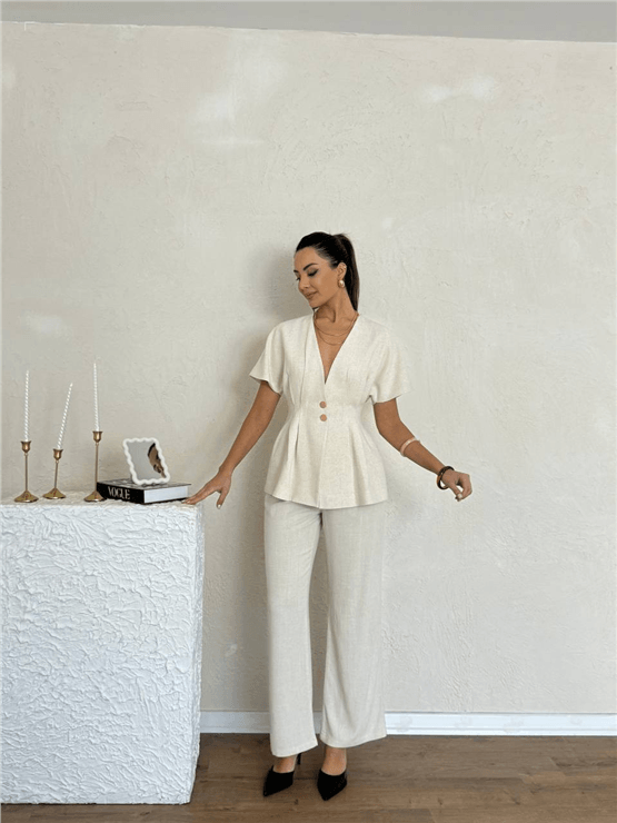 Nesil Y26 Eu2123 Ekru Kadın Onu V Yaka Pantolonlu İkili Takım S-Xl