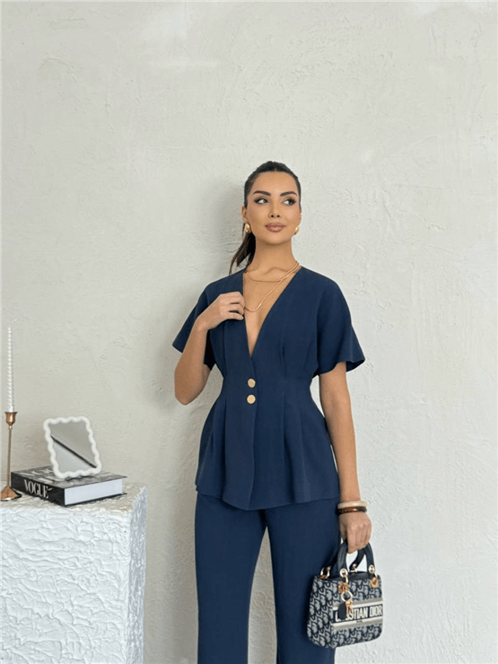 Nesil Y26 Eu2123 İndigo Kadın Onu V Yaka Pantolonlu İkili Takım S-Xl