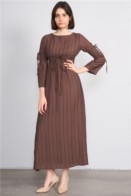 Nesil Y26 Eu3142 Kahve Kadın Uzun Kollu Bel Detaylı Elbise S-Xl