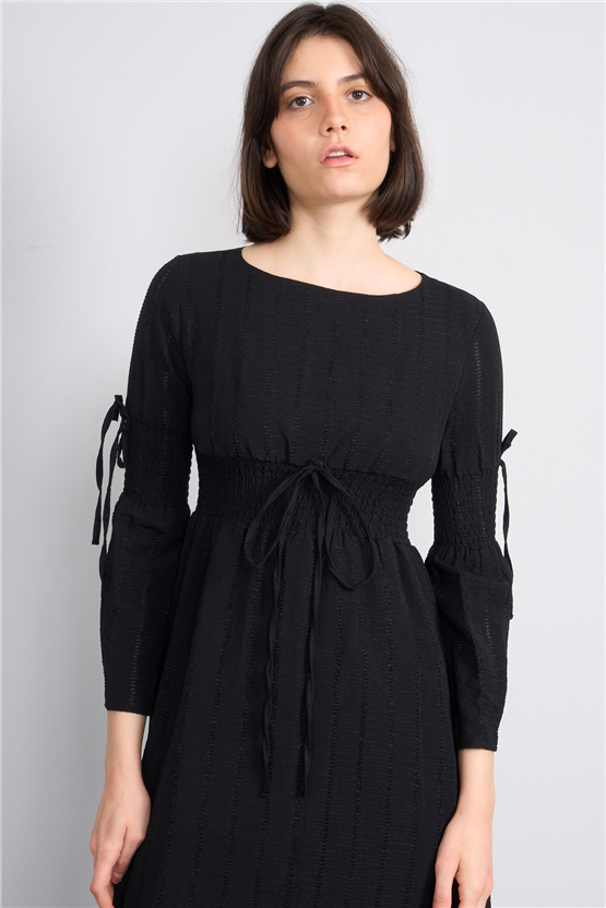 Nesil Y26 Eu3142 Siyah Kadın Uzun Kollu Bel Detaylı Elbise S-Xl
