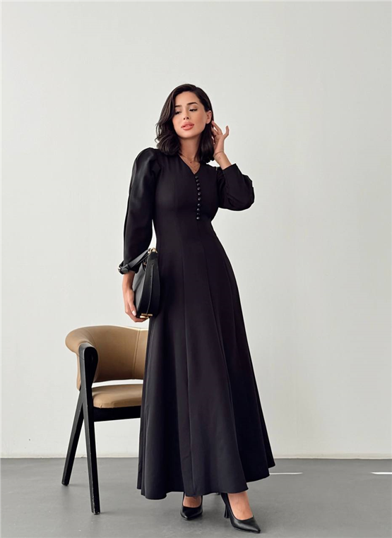 Nesil Y26 Eu3143 Siyah Kadın Uzun Kollu Yakası Düğmeli Elbise S-Xl