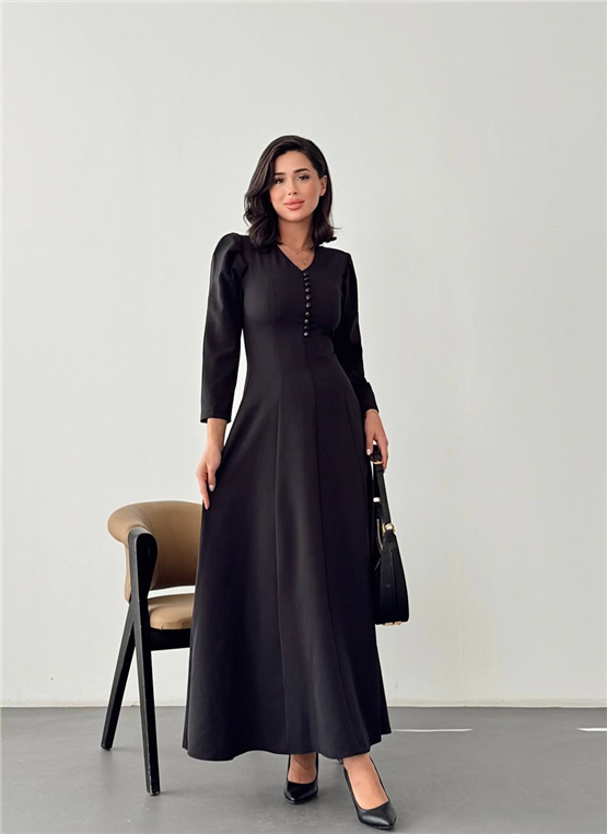 Nesil Y26 Eu3143 Siyah Kadın Uzun Kollu Yakası Düğmeli Elbise S-Xl