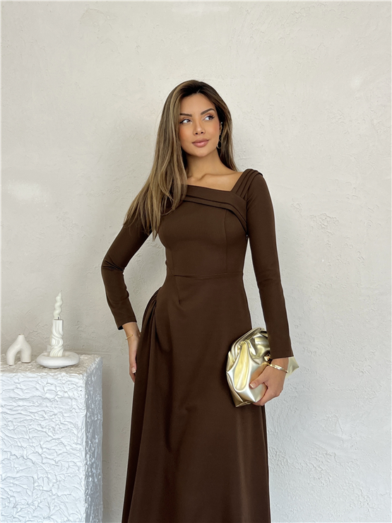 Nesil Y26 Eu3144 Kahve Kadın Asimetrik Yaka Uzun Kollu Elbise S-Xl