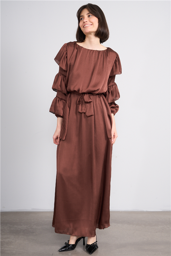 Nesil Y26 Eu3146 Kahve Kadın Kolu Kat Kat Elbise S-Xl