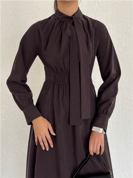 Nesil Y26 Eu3147 Vizon Kadın Uzun Kollu Bağlama Detaylı Elbise S-Xl