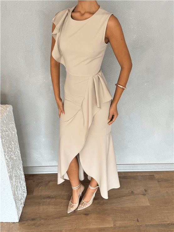 Nesil Y26 Eu3151 Bej Kadın Volanlı Asimetrik Elbise S-Xl