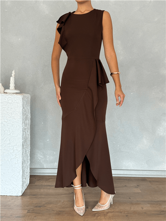 Nesil Y26 Eu3151 Kahve Kadın Volanlı Asimetrik Elbise S-Xl