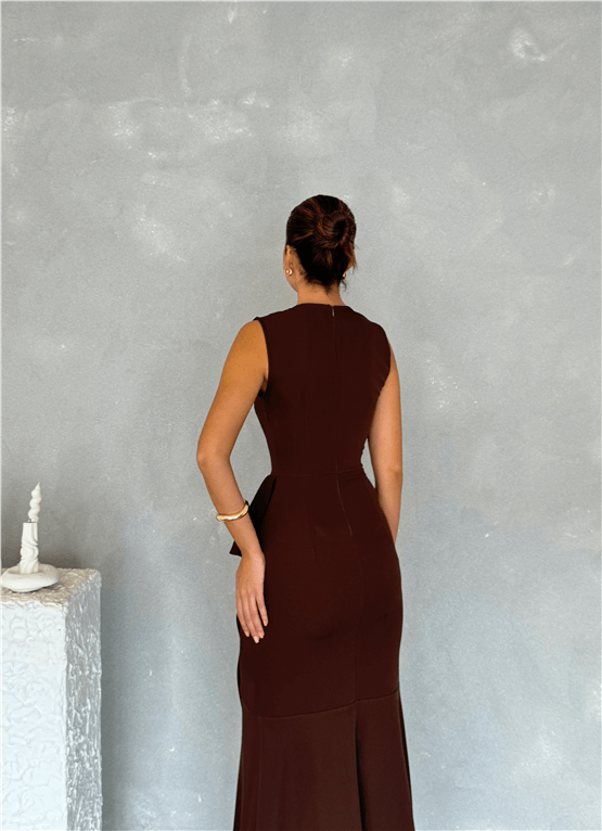 Nesil Y26 Eu3151 Kahve Kadın Volanlı Asimetrik Elbise S-Xl