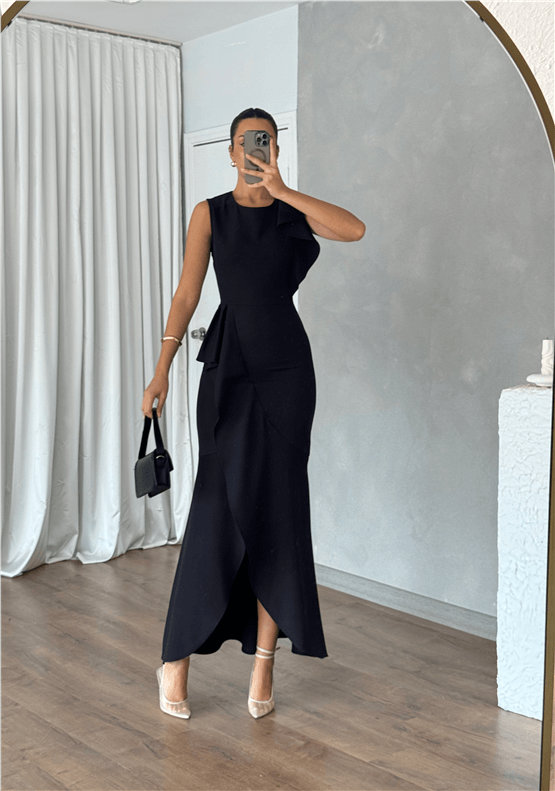 Nesil Y26 Eu3151 Siyah Kadın Volanlı Asimetrik Elbise S-Xl