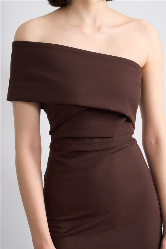 Nesil Y26 Eu3152 Kahve Kadın Tek Omuz Elbise S-Xl