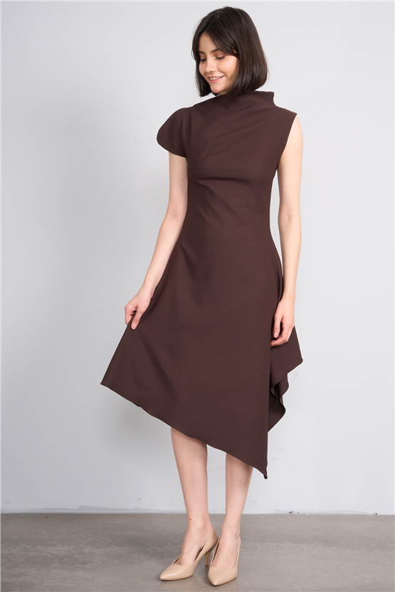 Nesil Y26 Eu3169 Kahve Kadın Asimetrik Yaka Midi Boy Elbise S-Xl