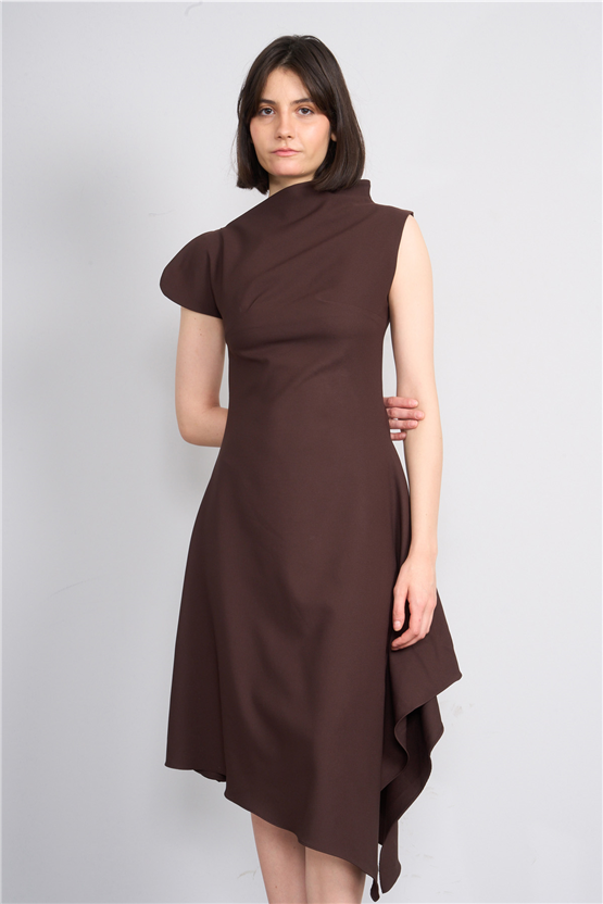Nesil Y26 Eu3169 Kahve Kadın Asimetrik Yaka Midi Boy Elbise S-Xl