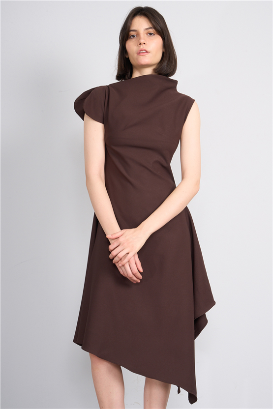 Nesil Y26 Eu3169 Kahve Kadın Asimetrik Yaka Midi Boy Elbise S-Xl