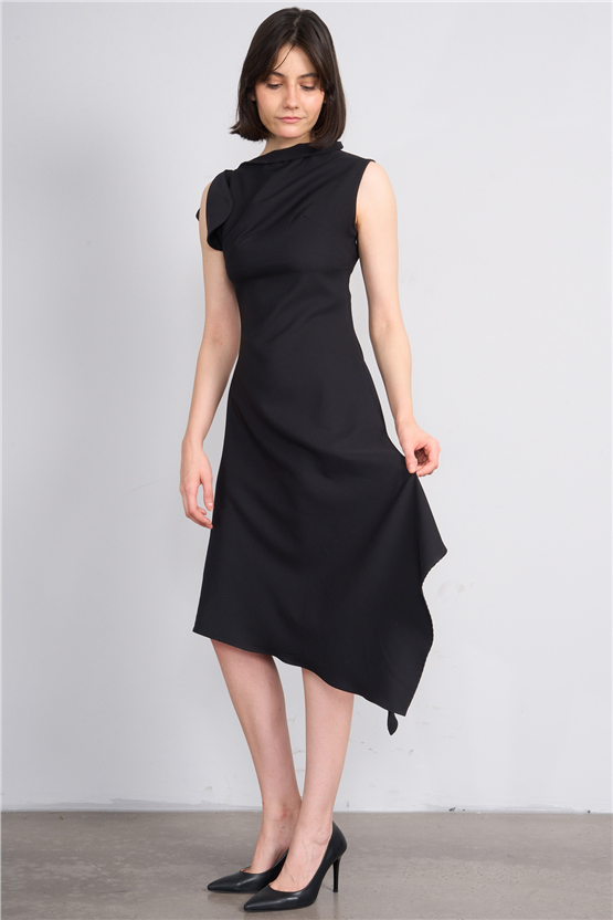 Nesil Y26 Eu3169 Siyah Kadın Asimetrik Yaka Midi Boy Elbise S-Xl