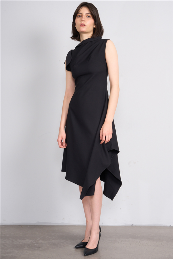 Nesil Y26 Eu3169 Siyah Kadın Asimetrik Yaka Midi Boy Elbise S-Xl