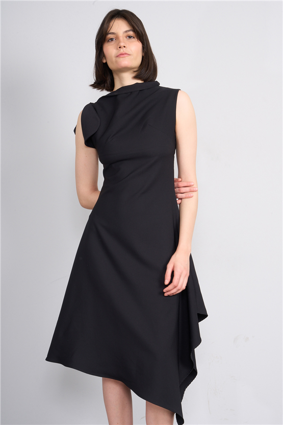 Nesil Y26 Eu3169 Siyah Kadın Asimetrik Yaka Midi Boy Elbise S-Xl
