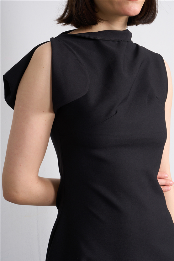 Nesil Y26 Eu3169 Siyah Kadın Asimetrik Yaka Midi Boy Elbise S-Xl