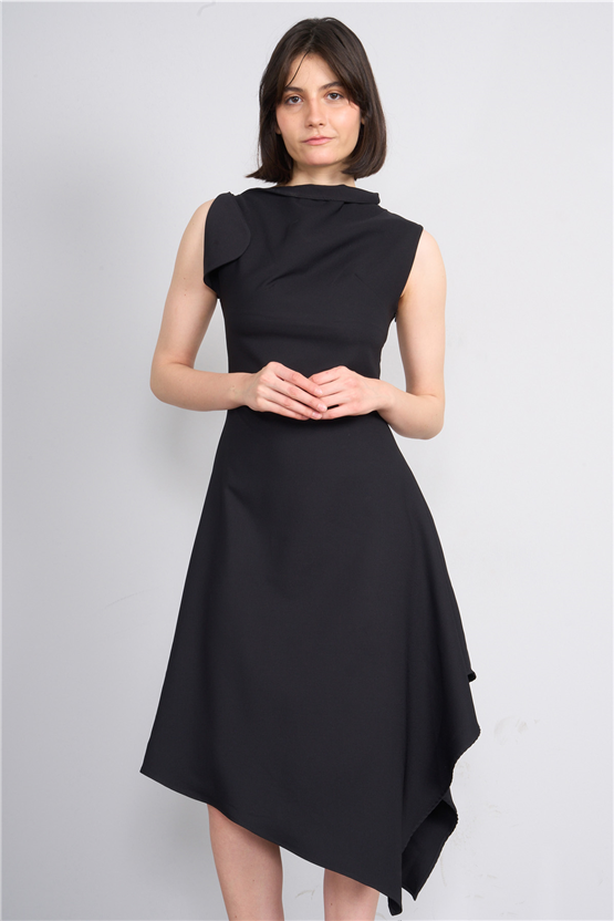 Nesil Y26 Eu3169 Siyah Kadın Asimetrik Yaka Midi Boy Elbise S-Xl