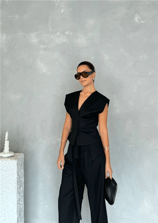 Nesil Y26 Eu7016 Siyah Kadın Yelek Pantolonlu İkili Takım S-Xl