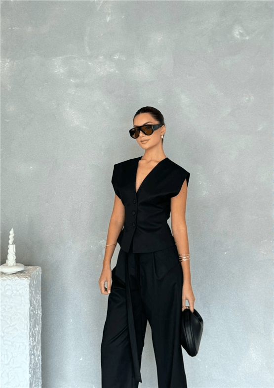 Nesil Y26 Eu7016 Siyah Kadın Yelek Pantolonlu İkili Takım S-Xl