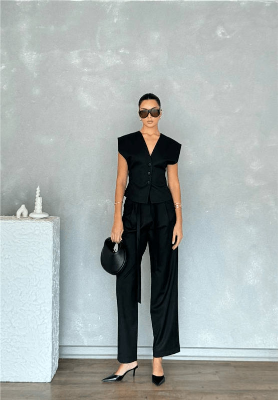 Nesil Y26 Eu7016 Siyah Kadın Yelek Pantolonlu İkili Takım S-Xl