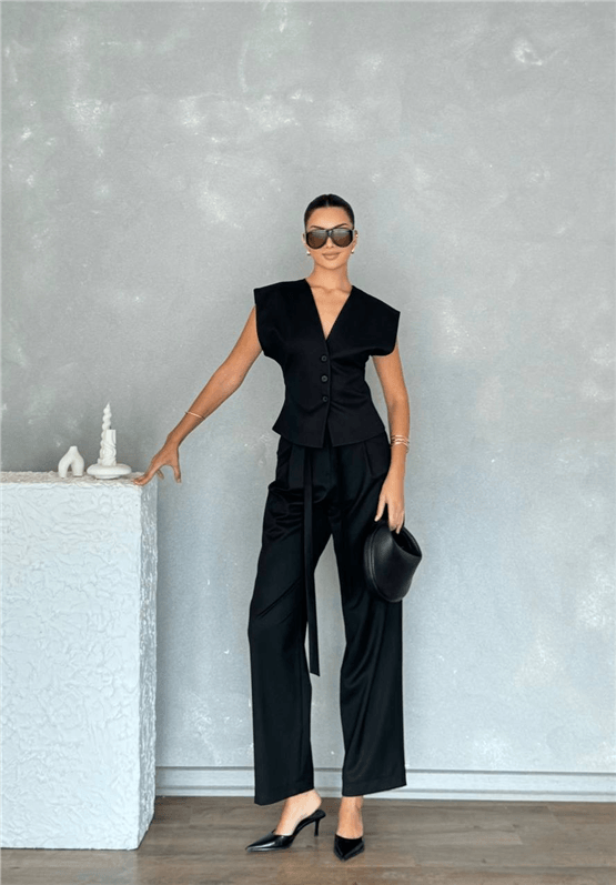 Nesil Y26 Eu7016 Siyah Kadın Yelek Pantolonlu İkili Takım S-Xl