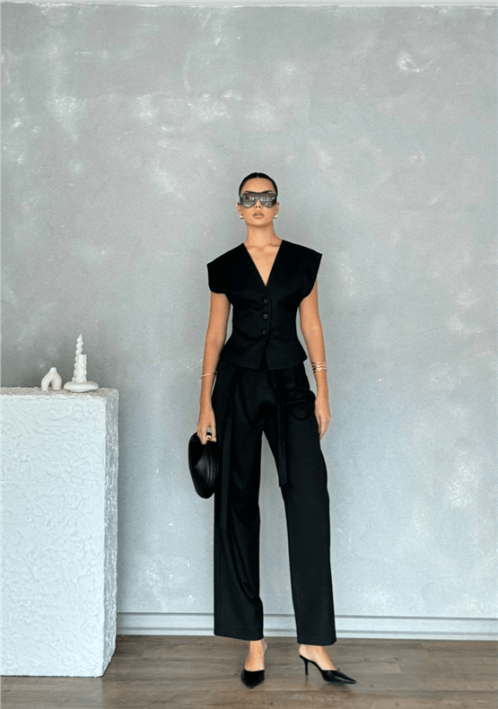 Nesil Y26 Eu7016 Siyah Kadın Yelek Pantolonlu İkili Takım S-Xl