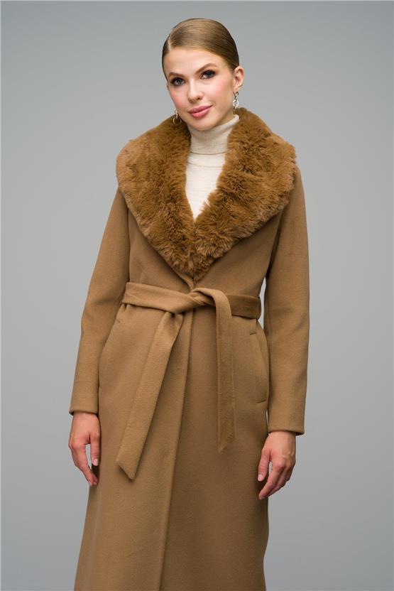 Olcay 3066 Camel Bel Kuşaklı Kürklü Kaşe kadın Kaban