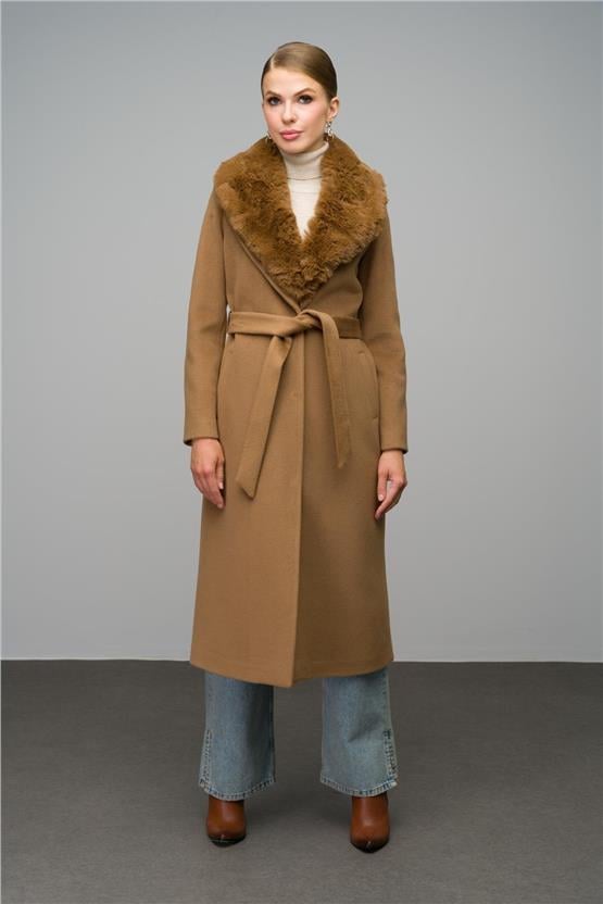Olcay 3066 Camel Bel Kuşaklı Kürklü Kaşe kadın Kaban