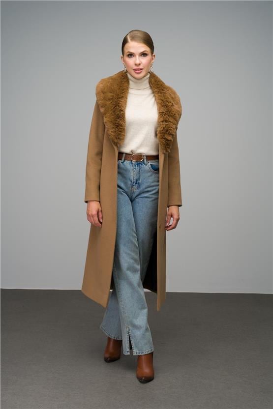 Olcay 3066 Camel Bel Kuşaklı Kürklü Kaşe kadın Kaban