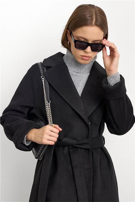 Olcay K26 3108 1001 Sıyah Kadın Punto Dıkıs Detaylı Oversıze Premıum Kaban